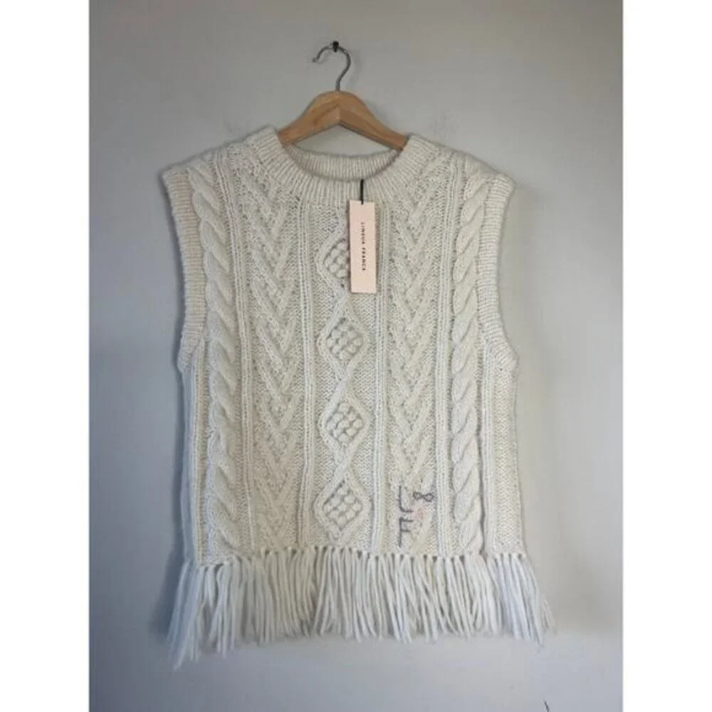 NWT Lingua Franca Mavis Fringe Knit Crew Neck Sleeveless Vest Cream Size: Small